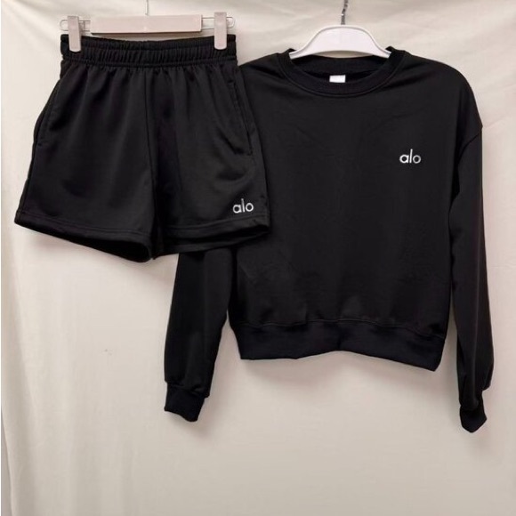 ALO Yoga Tops - Alo Yoga Black Cropped Crew Neck Sweatshirt + High-Waisted Shorts Two-Piece Set
